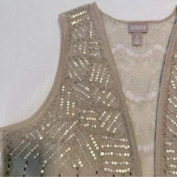 Chico’s Women Beaded Embroidery Lace Open Tan Beige Neutral Vest Plus Size XL 16 - Picture 4 of 11
